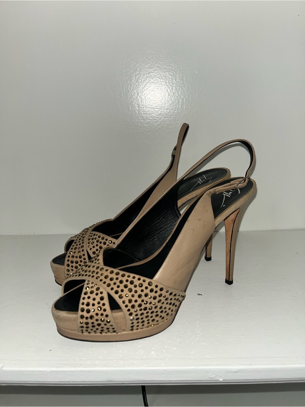 Giuseppe Zanotti Nude Beige Studded Peep-Toe Platform Slingback Heels